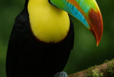 Keel-billed toucan perched on moss-covered branch showing its vivid multicolored bill