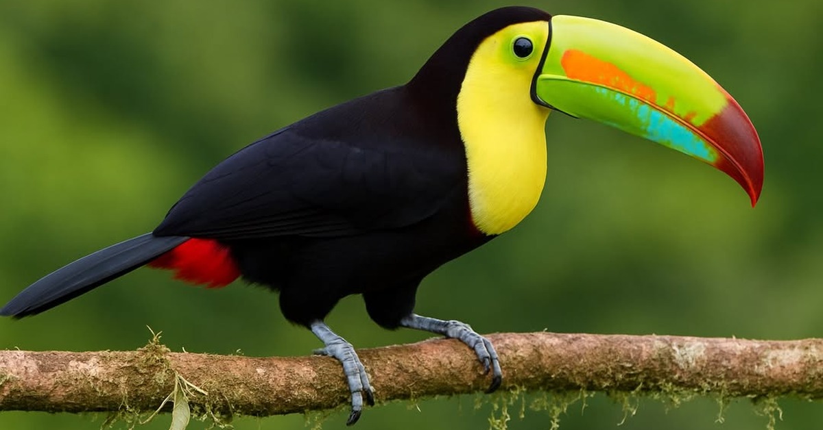 Keel-billed toucan viewed from slightly above on rainforest branch amid green foliage