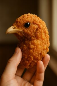 Hyper-realistic fried chicken head nugget with glossy eye held by a hand near a window
