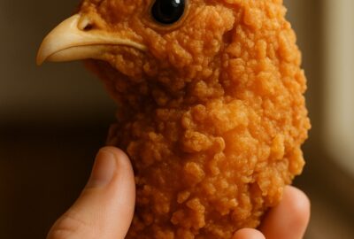 Hyper-realistic fried chicken head nugget with glossy eye held by a hand near a window