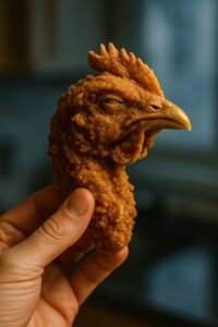 A crispy golden fried chicken head held up by a hand against a soft blurred background