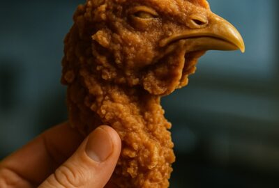 A crispy golden fried chicken head held up by a hand against a soft blurred background