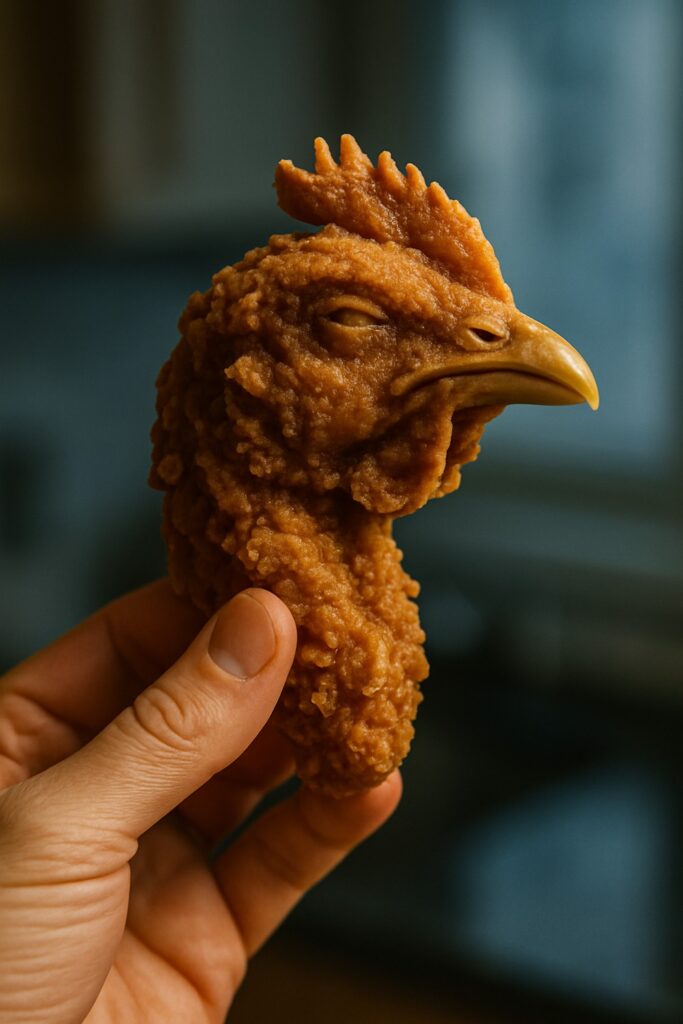 A crispy golden fried chicken head held up by a hand against a soft blurred background