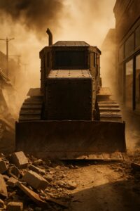 Massive armored bulldozer demolishing buildings amid thick dust clouds and rubble