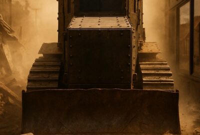 Massive armored bulldozer demolishing buildings amid thick dust clouds and rubble
