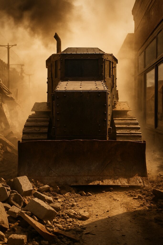 Massive armored bulldozer demolishing buildings amid thick dust clouds and rubble