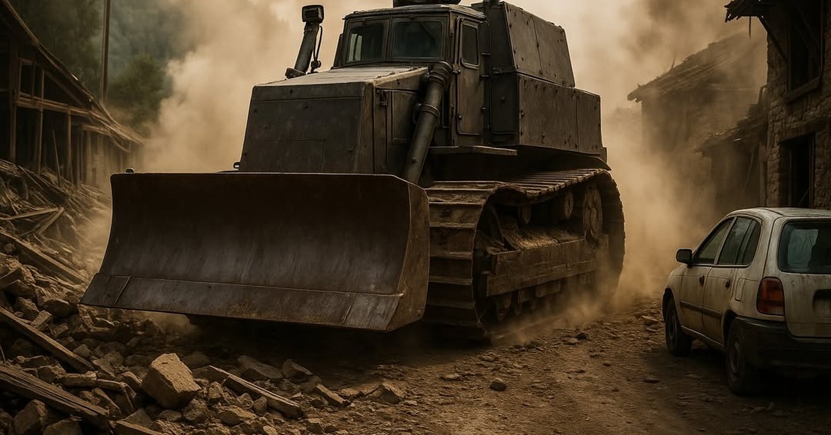 Killdozer crawler tracks churning through debris-strewn destroyed town street