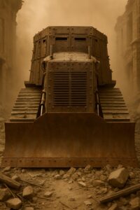Heavily armored makeshift bulldozer demolishing buildings amid thick dust clouds