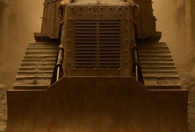 Heavily armored makeshift bulldozer demolishing buildings amid thick dust clouds