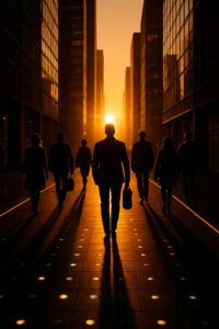 Silhouetted commuters walking over glowing LED floor tiles in golden hour urban corridor