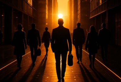 Silhouetted commuters walking over glowing LED floor tiles in golden hour urban corridor