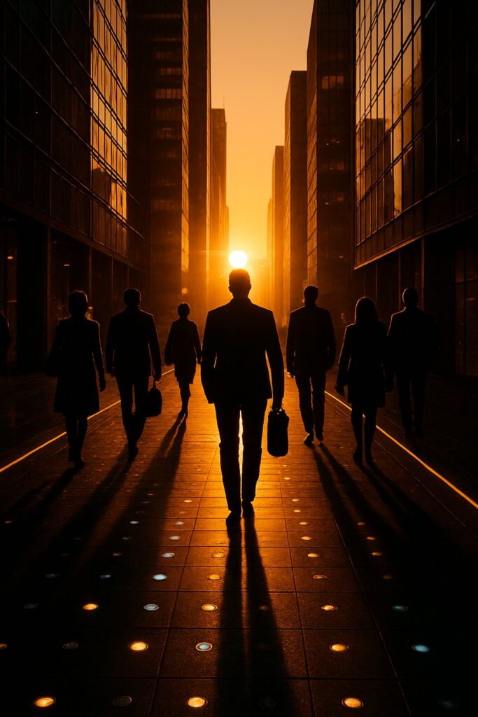 Silhouetted commuters walking over glowing LED floor tiles in golden hour urban corridor