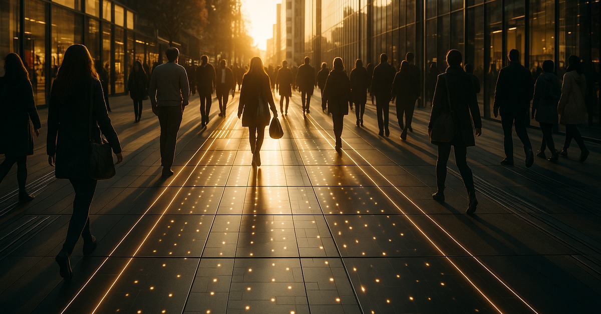 Close-up ground-level view of illuminated kinetic floor tiles beneath commuter feet at dusk