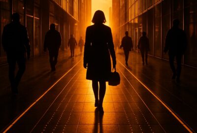 Silhouetted commuters walking over glowing LED-embedded pavement tiles at golden hour