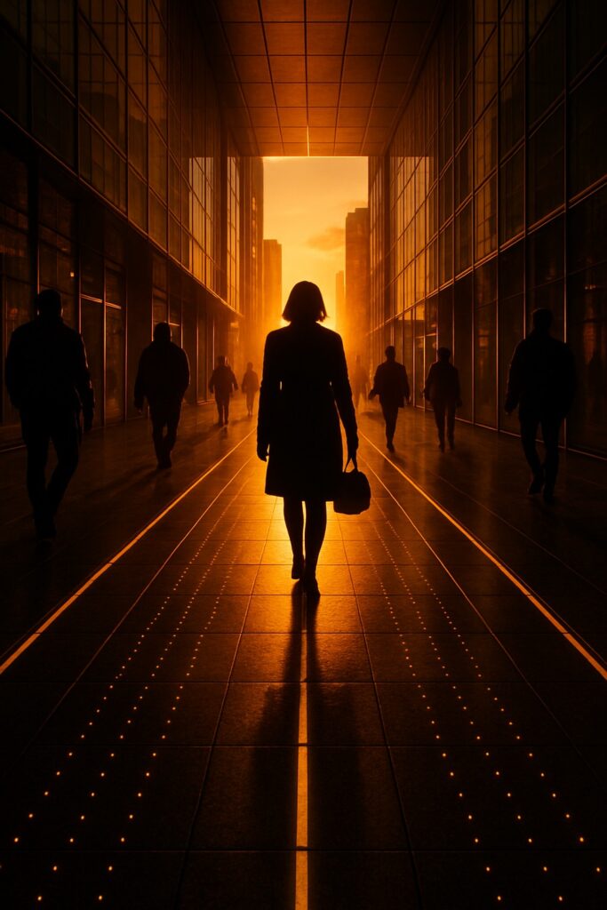 Silhouetted commuters walking over glowing LED-embedded pavement tiles at golden hour