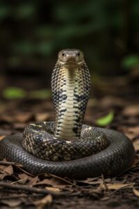 Female king cobra coiled protectively over a large leaf-mound nest in dense forest