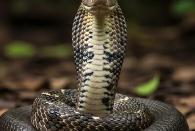Female king cobra coiled protectively over a large leaf-mound nest in dense forest