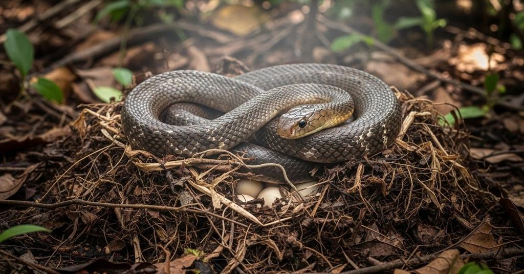 Close-up of king cobra eggs nestled inside a decomposing vegetation nest structure