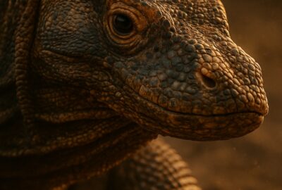 Extreme close-up of adult Komodo dragon armored scales glistening in sunlight on Komodo Island