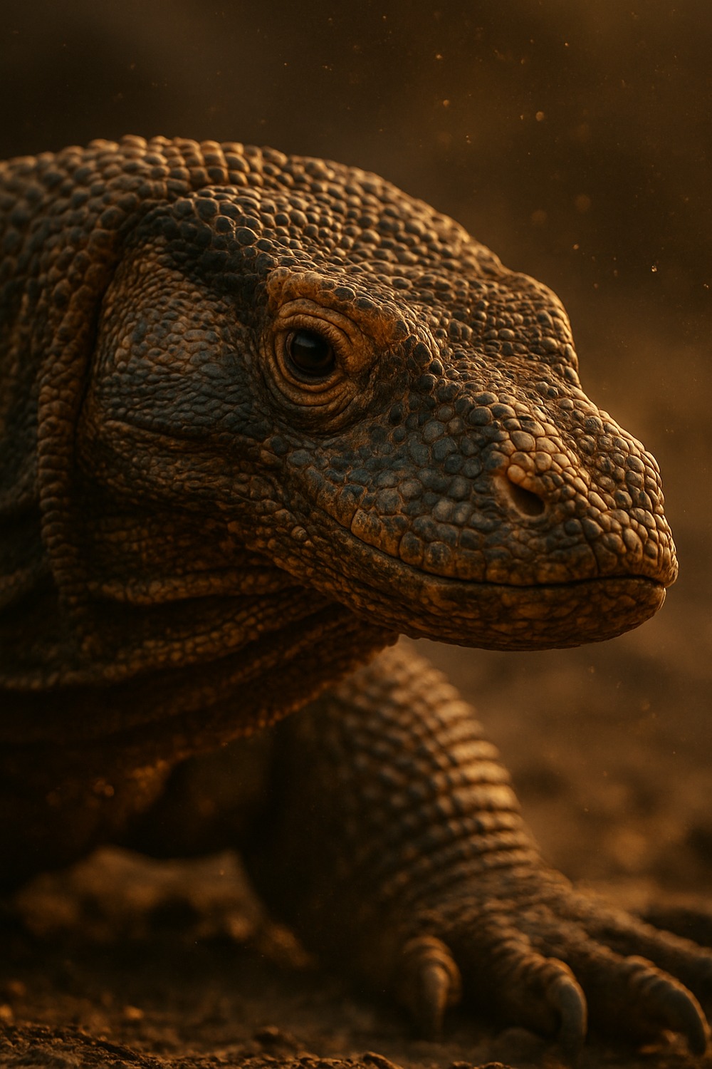 Extreme close-up of adult Komodo dragon armored scales glistening in sunlight on Komodo Island