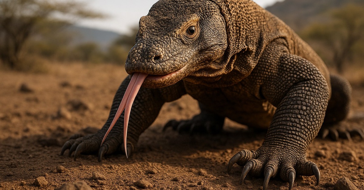 Two massive adult Komodo dragons rearing up and clashing in a dominance battle on dry earth