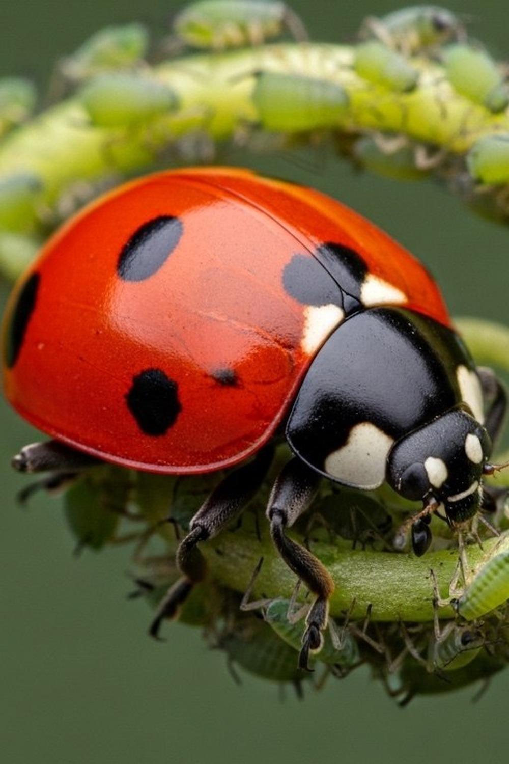 Vivid red seven-spotted ladybug perched on a dewy green leaf in close-up