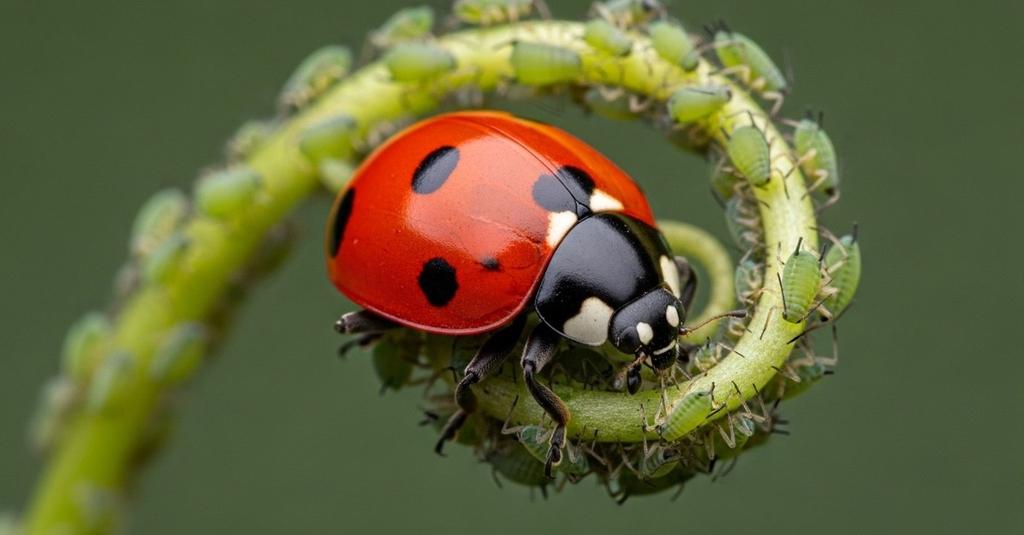 Ladybug hunting aphids on a plant stem in soft natural garden light