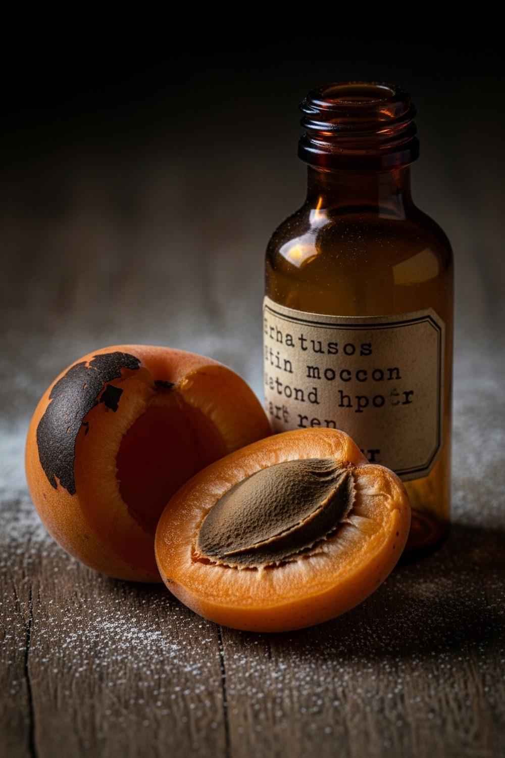 Cracked apricot pit revealing toxic seed beside vintage medicine bottle on wooden surface