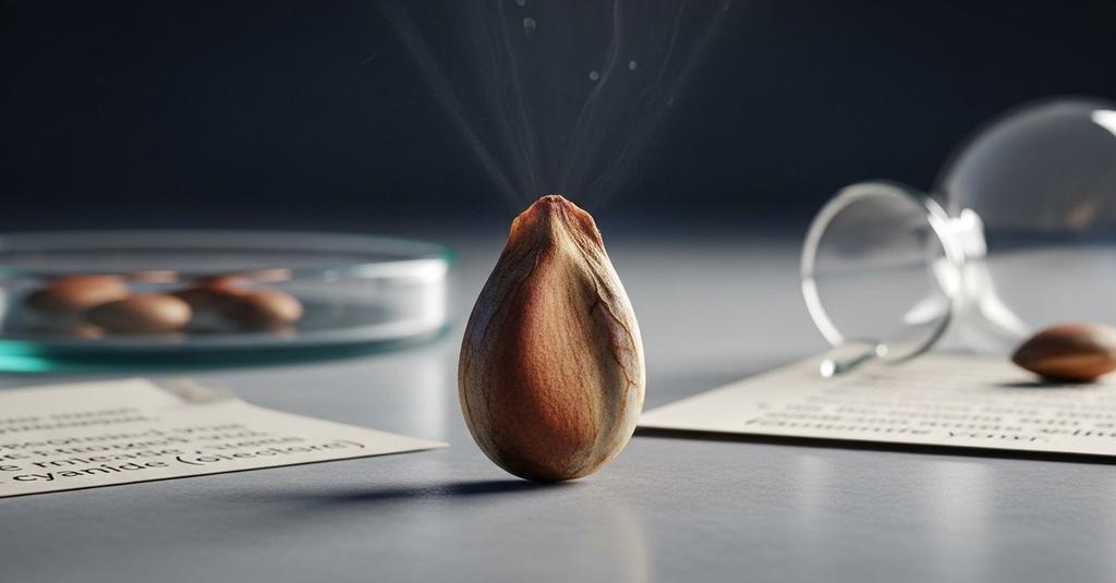 Close-up of apple seeds and cherry stones arranged on a dark laboratory surface