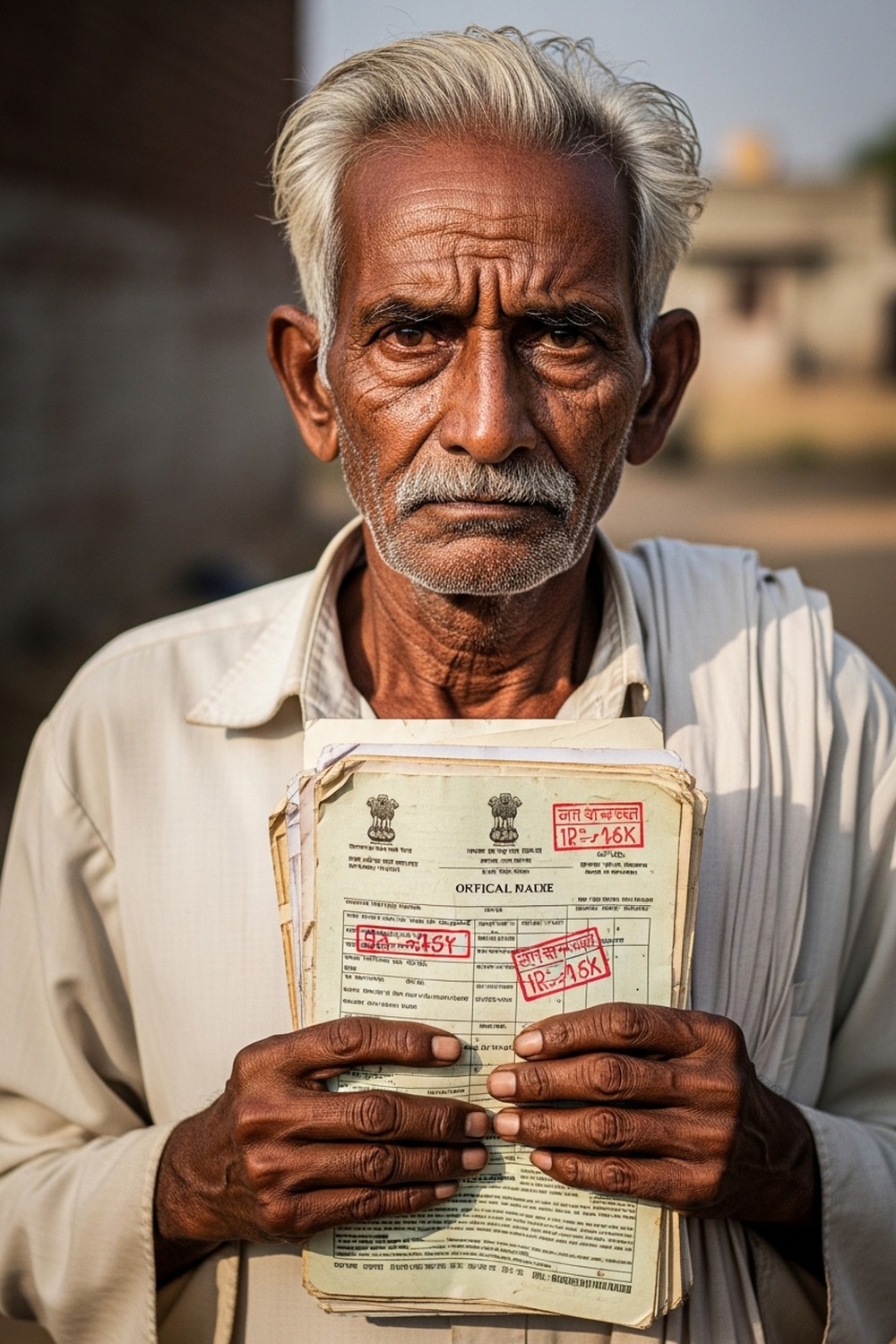 Elderly Indian man holding official government documents in rural Uttar Pradesh village