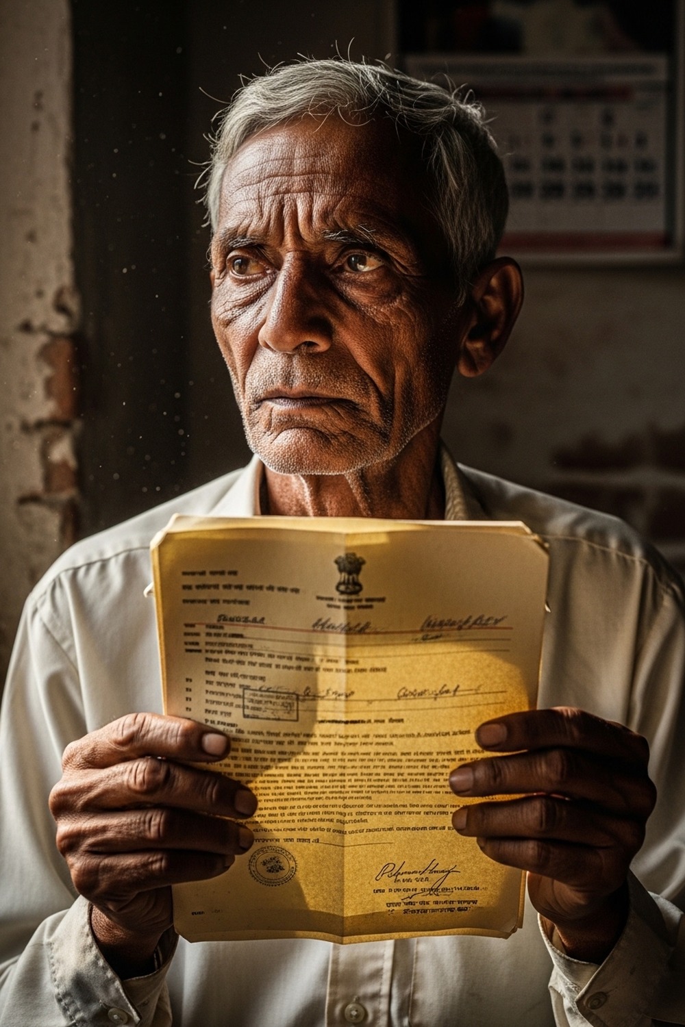 Elderly Indian man holding identity documents outside a rural government office in Uttar Pradesh