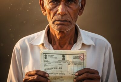 Elderly Indian man holding official government documents in a rural village setting