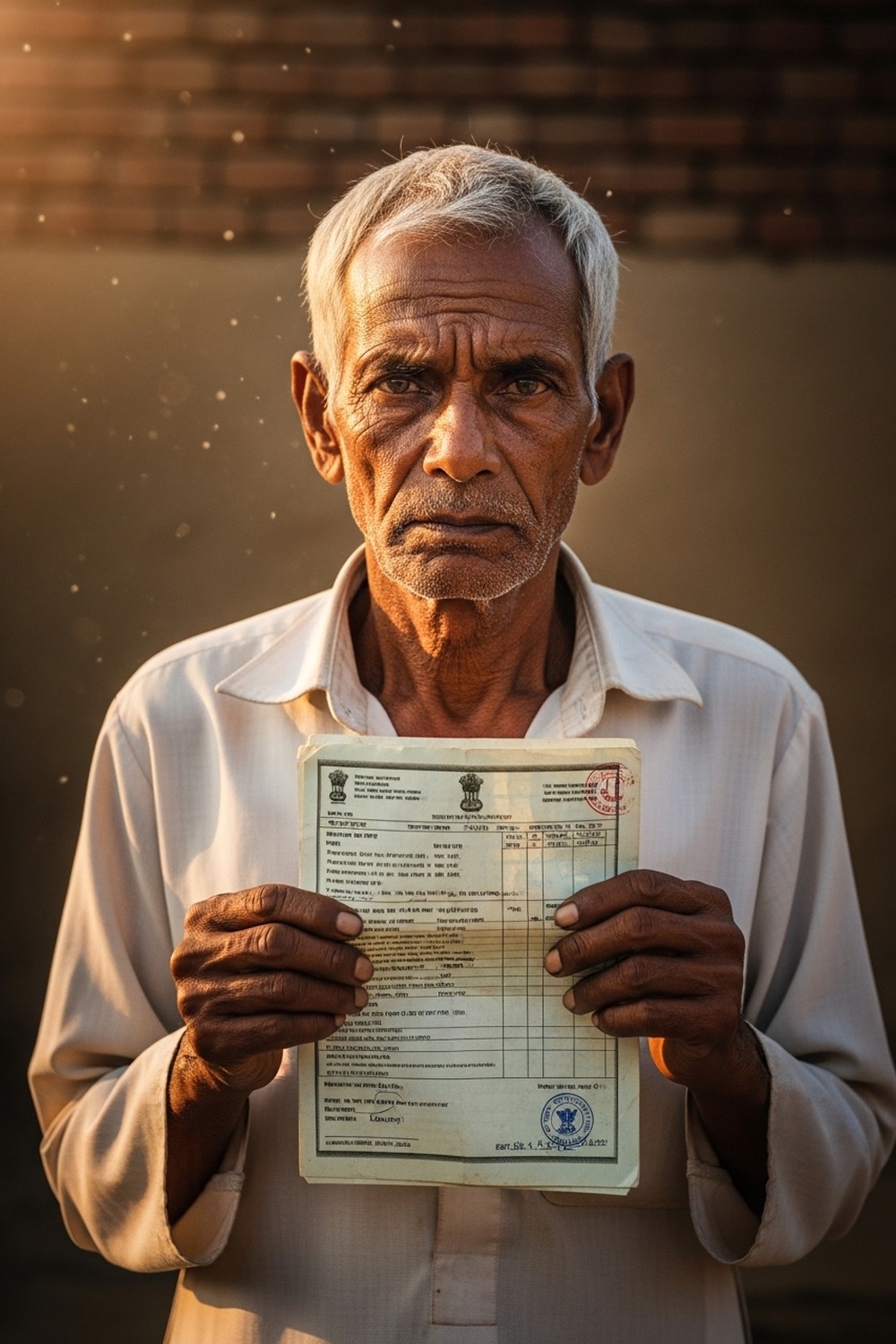 Elderly Indian man holding official government documents in a rural village setting