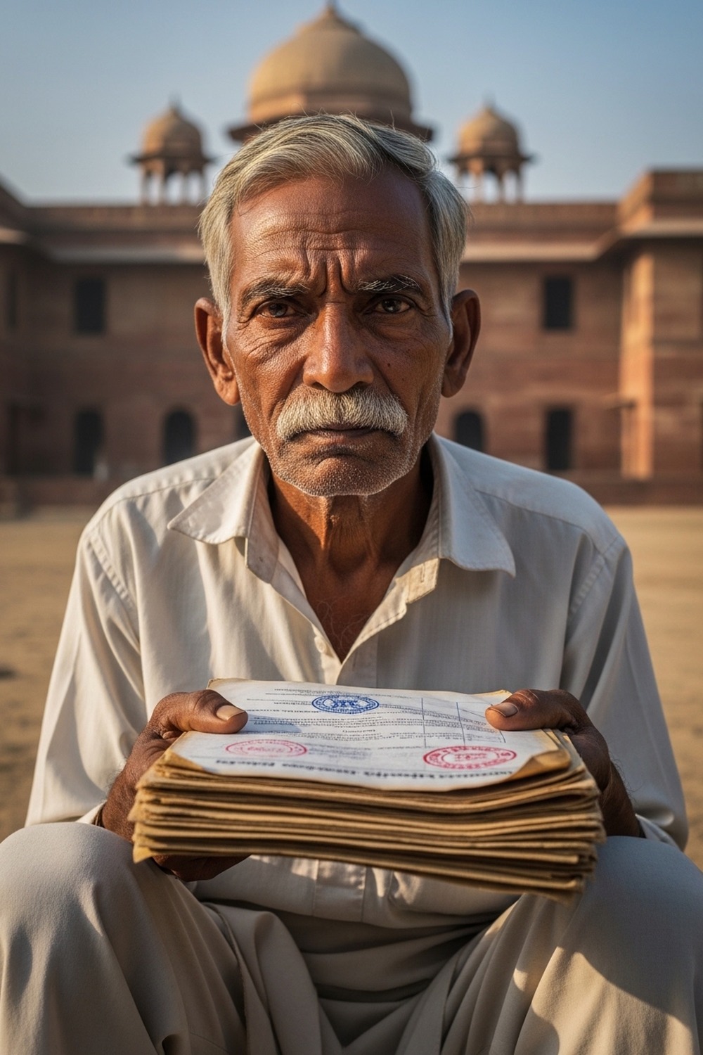 Elderly Indian man holding official government documents in a rural village setting