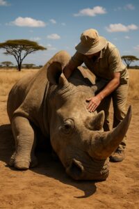 Wildlife ranger tenderly caring for a massive white rhino lying on African savanna ground