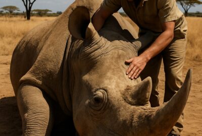 Wildlife ranger tenderly caring for a massive white rhino lying on African savanna ground