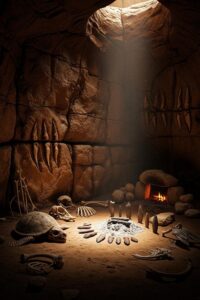 Ancient limestone cave interior with flickering firelight casting shadows on carved walls