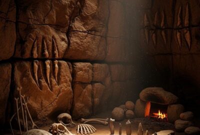 Ancient limestone cave interior with flickering firelight casting shadows on carved walls
