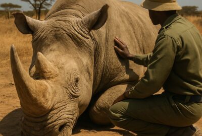 Wildlife ranger in olive uniform kneeling beside massive white rhino on African savanna