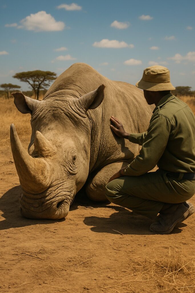 Wildlife ranger in olive uniform kneeling beside massive white rhino on African savanna