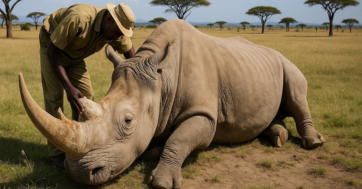 Close ground-level view of white rhino horn and eye on dusty Kenyan savanna ground