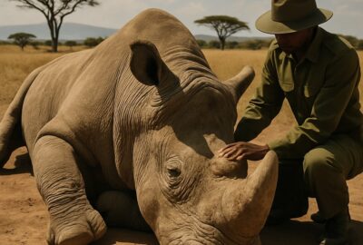 Wildlife ranger tending to a massive white rhino lying on African savanna dirt under acacia trees