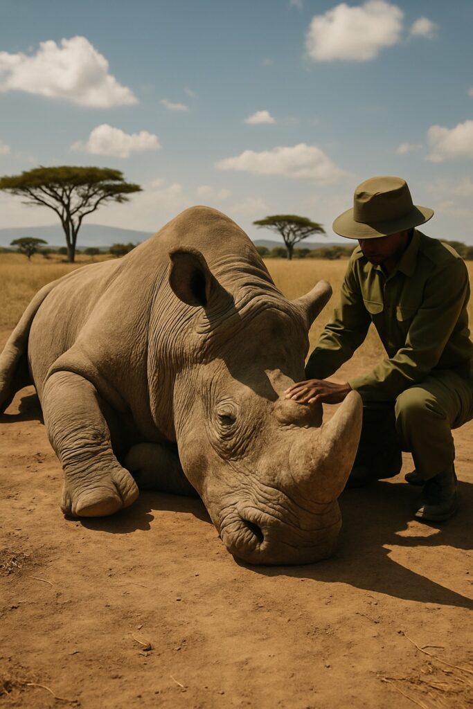 Wildlife ranger tending to a massive white rhino lying on African savanna dirt under acacia trees