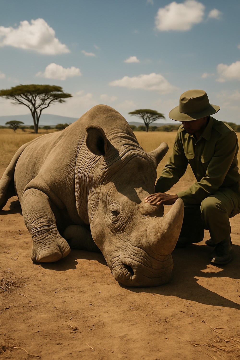 Wildlife ranger tending to a massive white rhino lying on African savanna dirt under acacia trees