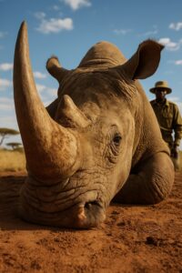 Wildlife ranger in khaki uniform tending to a white rhino lying on African savanna dirt