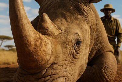 Wildlife ranger in khaki uniform tending to a white rhino lying on African savanna dirt