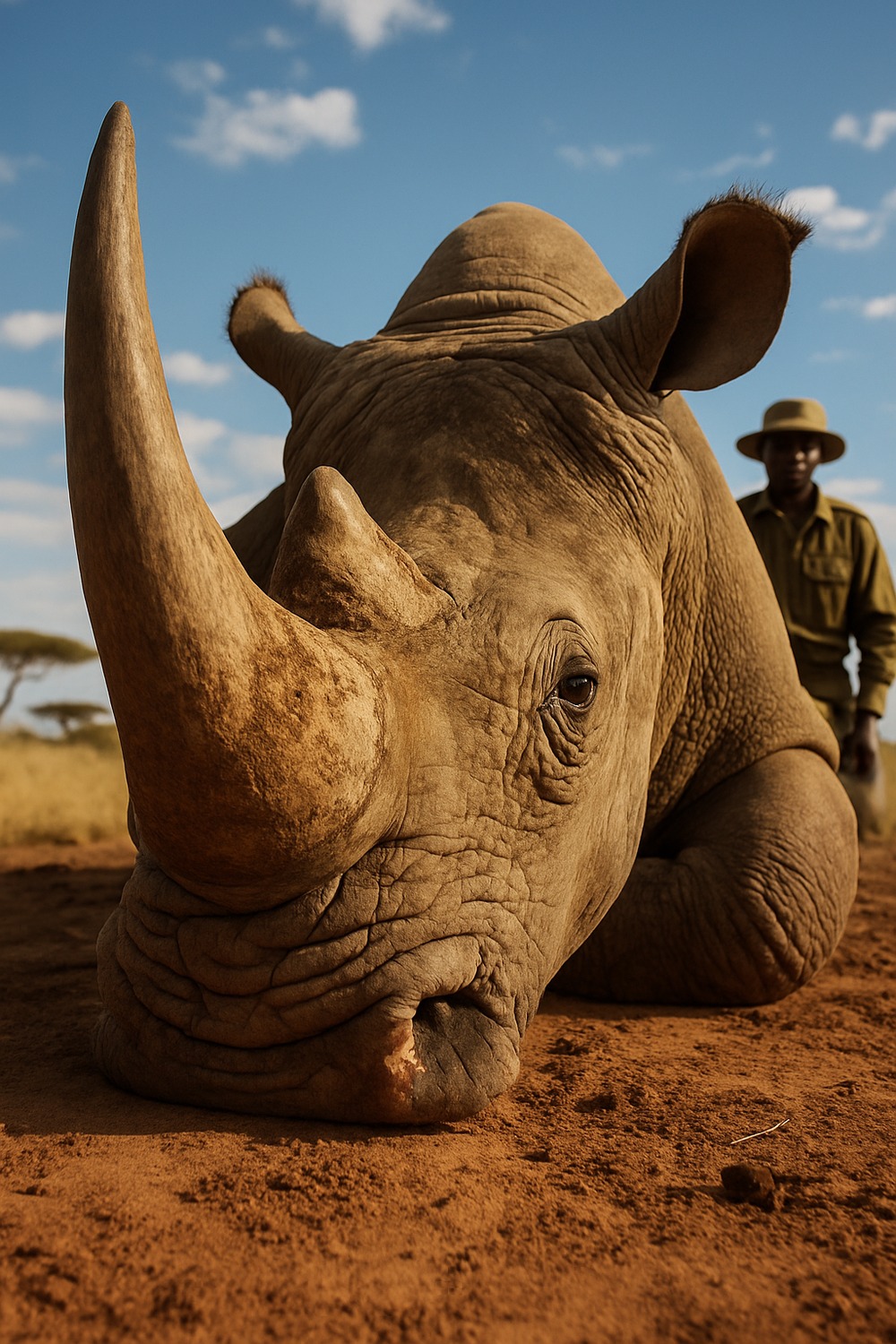 Wildlife ranger in khaki uniform tending to a white rhino lying on African savanna dirt