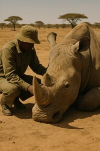 Wildlife ranger in olive uniform carefully tending to a massive white rhino lying on African savanna