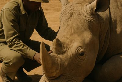 Wildlife ranger in olive uniform carefully tending to a massive white rhino lying on African savanna