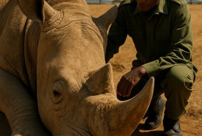 Wildlife ranger in khaki tending to a massive white rhino lying on African savanna dirt